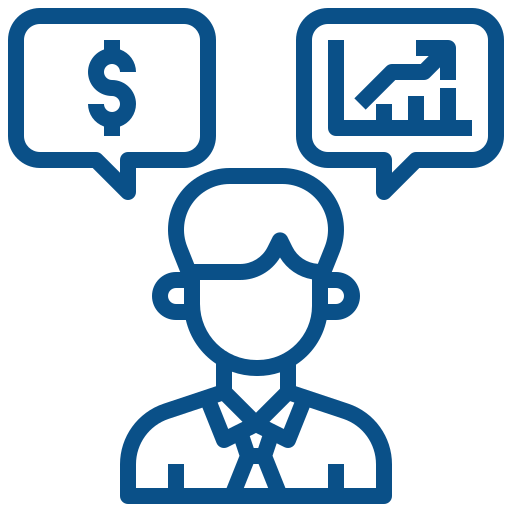 Icon of a businessman with financial and analytical speech bubbles.