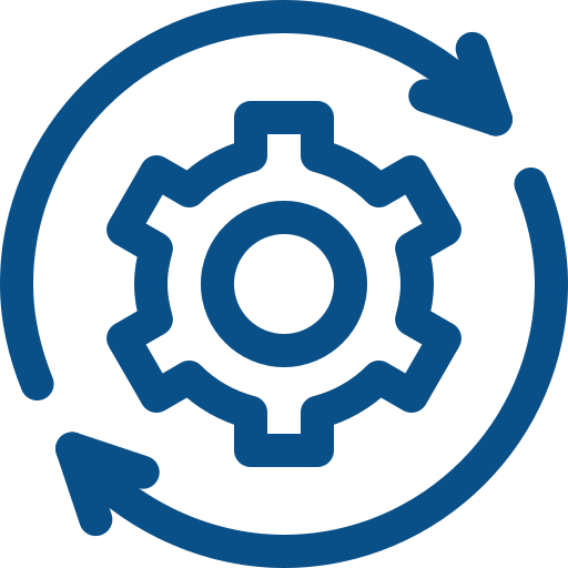 Blue gear with circular arrows icon representing process or system update.