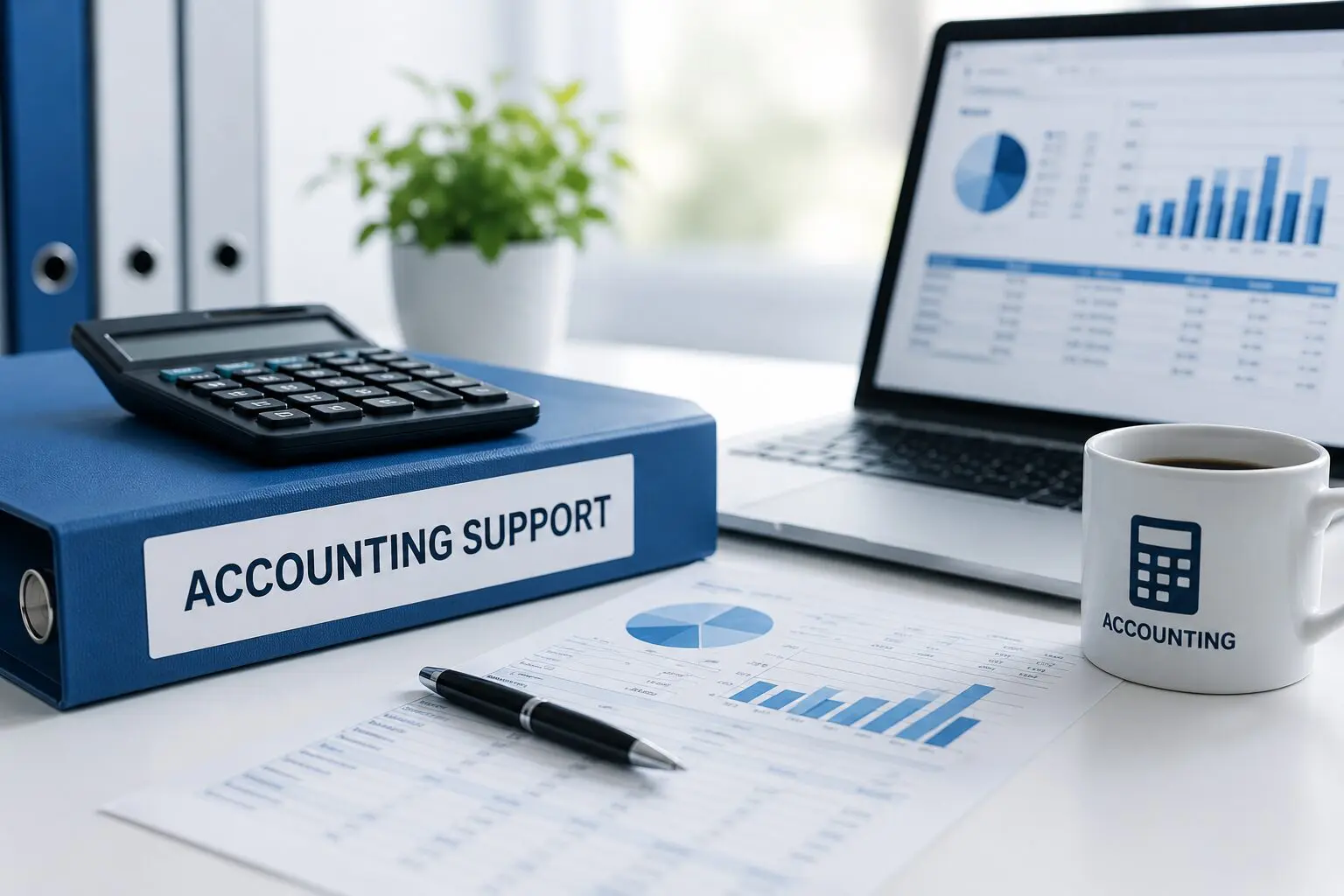 Desk with accounting support binder and financial charts
